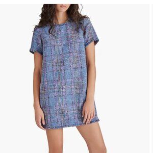 Steve Madden Ria Tweed Short Sleeve Shift Mini Dress Blue